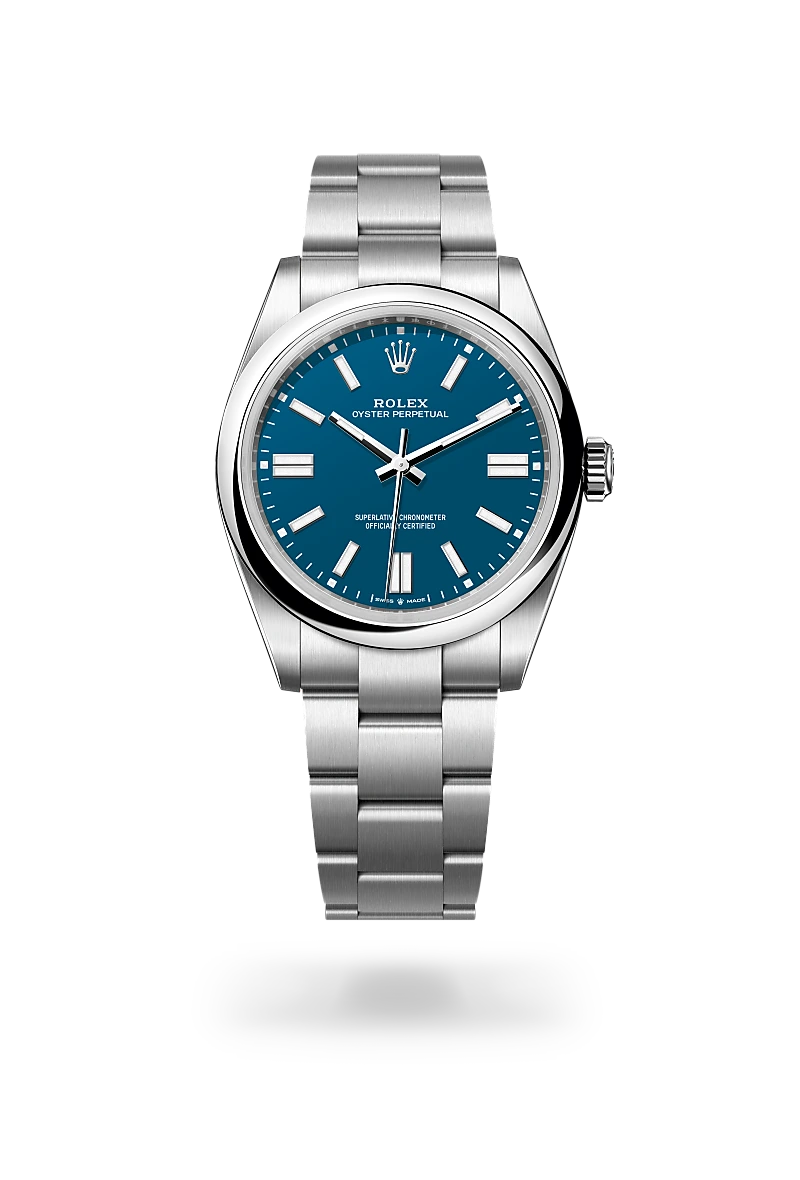 Rolex Oyster Perpetual 41 in Oystersteel with a Med blue dial, Domed bezel, Oyster, three-piece solid links bracelet.