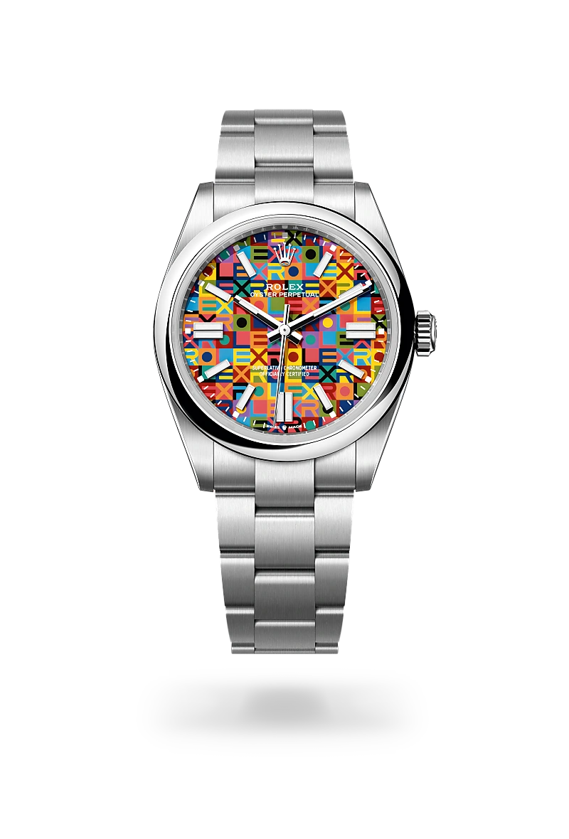 Rolex Oyster Perpetual 41 in Oystersteel with a Multicoloured, Jubilee motif dial, Domed bezel, Oyster, three-piece solid links bracelet.