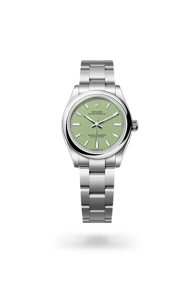 Rolex Oyster Perpetual 31 in Oystersteel with a Pistachio dial, Domed bezel, Oyster, three-piece solid links bracelet.