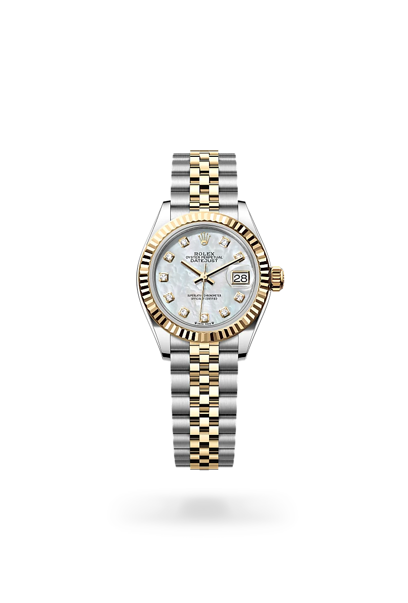 Rolex Lady-Datejust in Yellow Rolesor - combination of Oystersteel and yellow gold with a White mother-of-pearl set with diamonds dial, Fluted bezel, Jubilee, five-piece links bracelet.