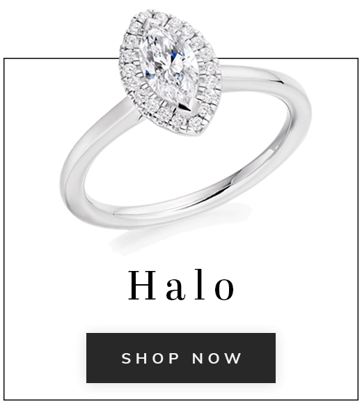 Halo engagement ring on white background with text halo shop now