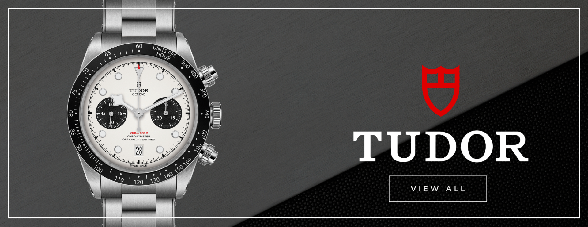 TUDOR watch with grey and black background and the text Tudor Shop Now