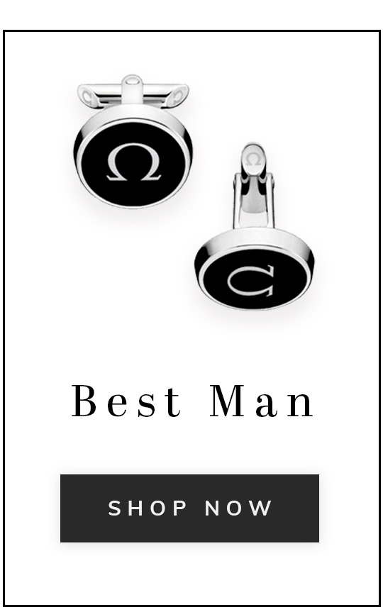 A pair of Omega cufflinks with text best man shop now