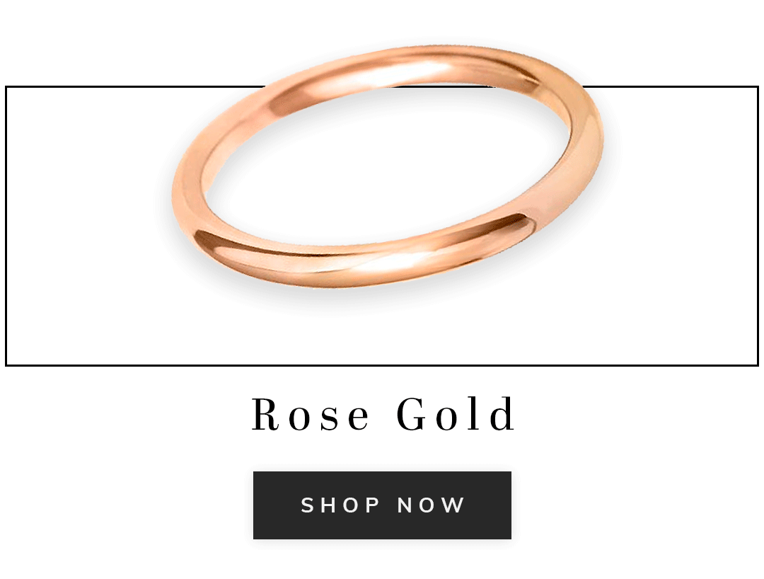 A rose gold wedding ring with text rose gold shop now