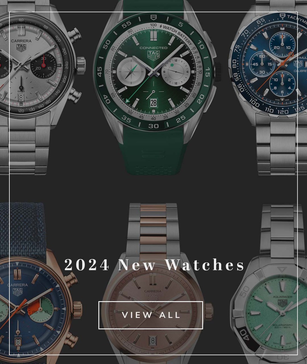 Several TAG Heuer watches in a line and caption 2024 watches shop now