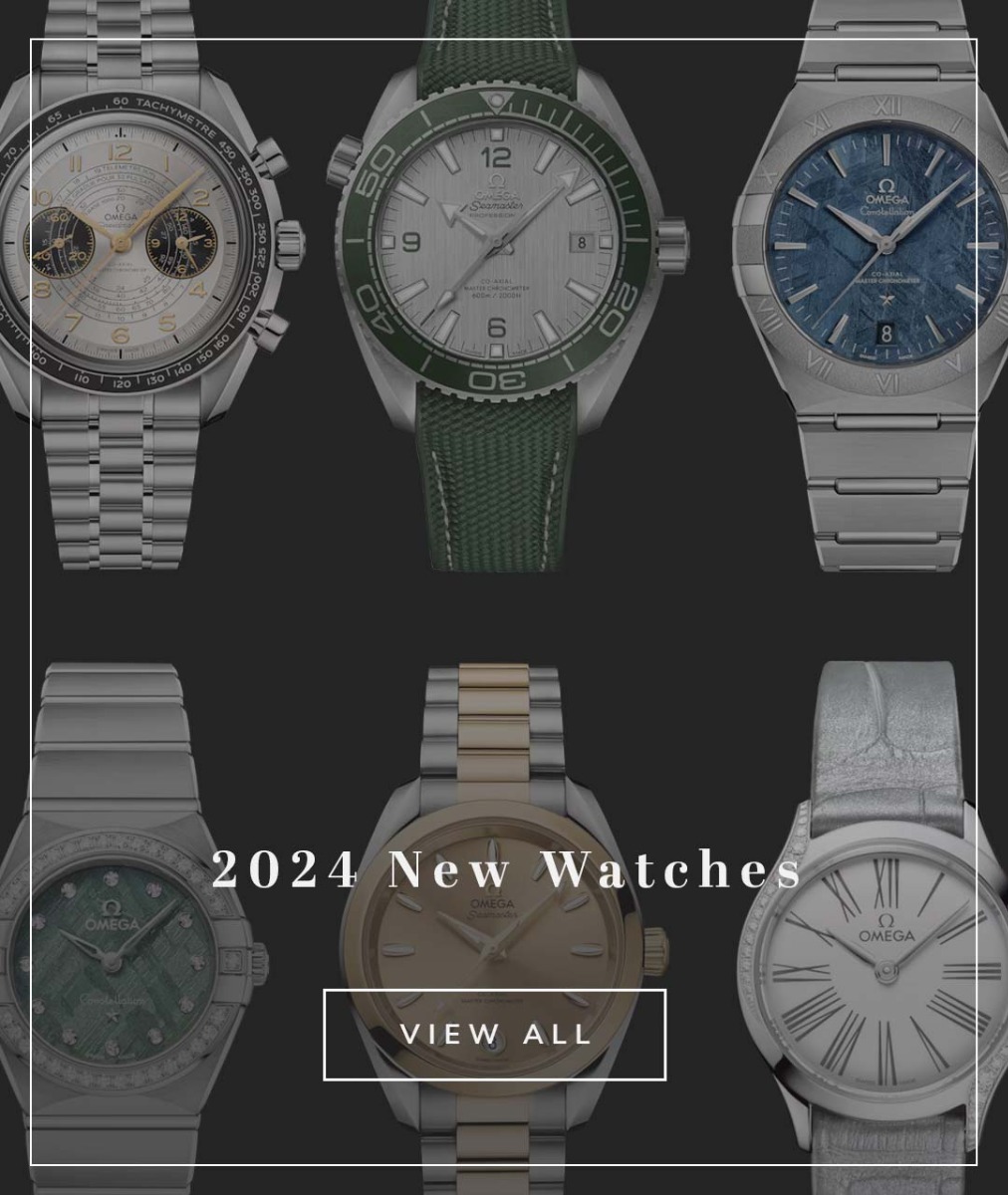 Several OMEGA watches on a black background with text 2024 new watches view all