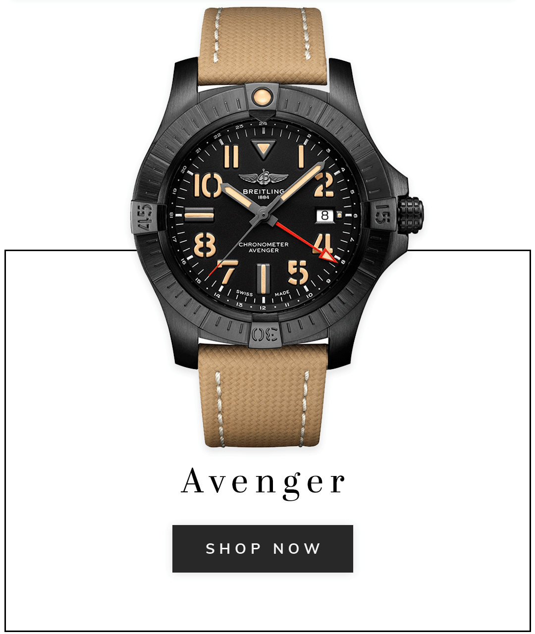 A Breitling Avenger watch with text shop now