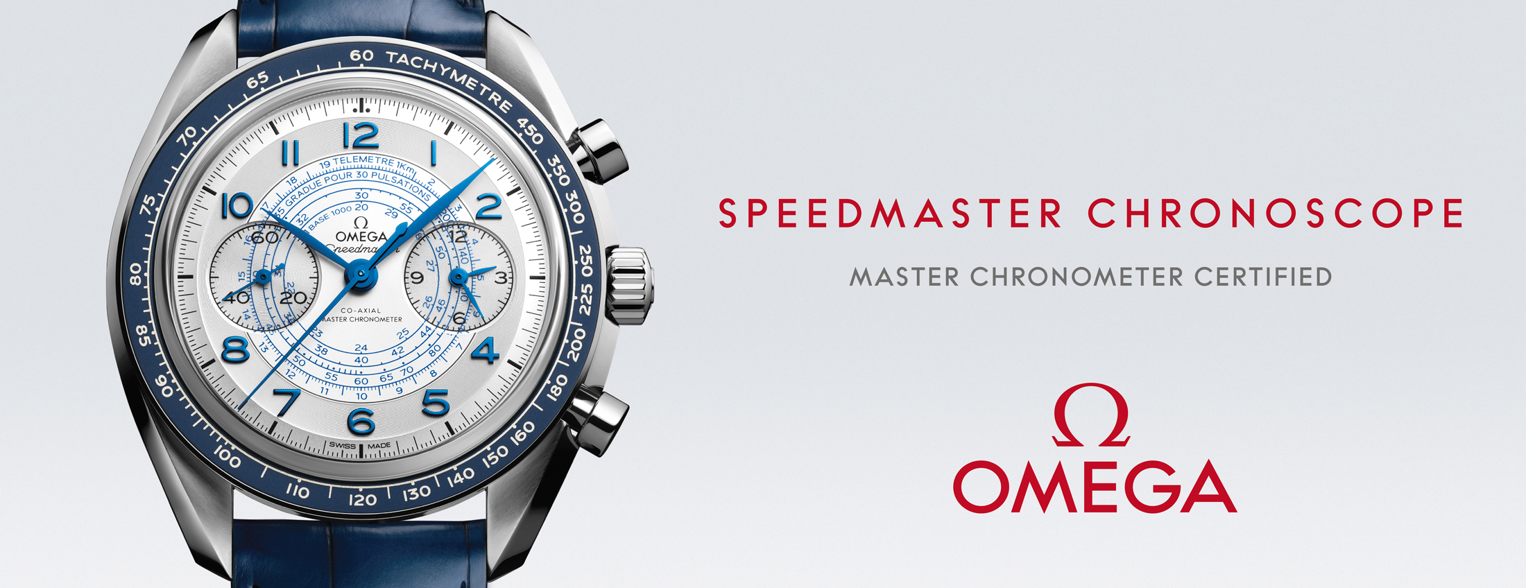 An OMEGA Speedmaster Chronoscope with blue strap and silver dial