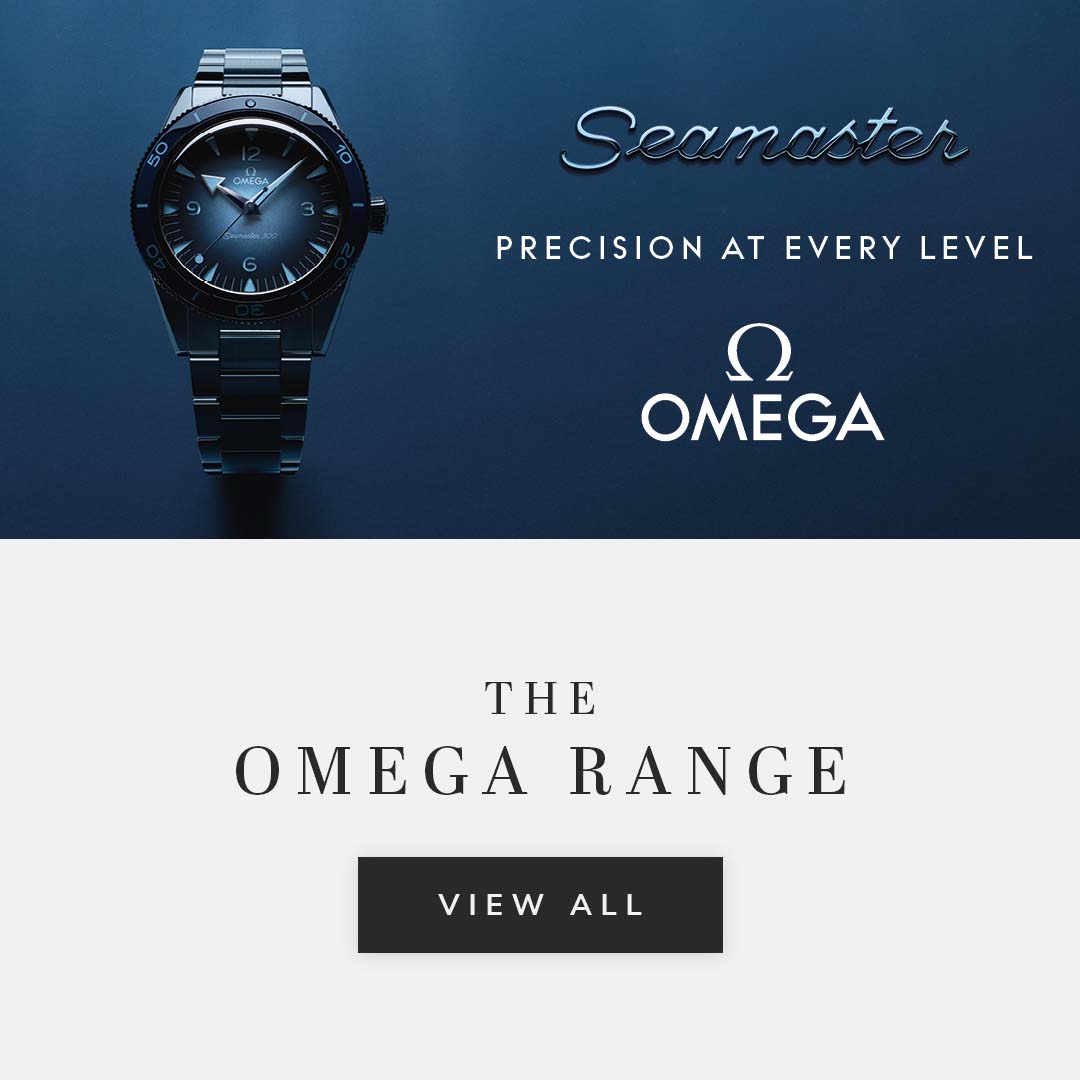 An OMEGA Seamaster Diver 300 Summer Blue watch with the Seamaster logo and text the OMEGA range view all
