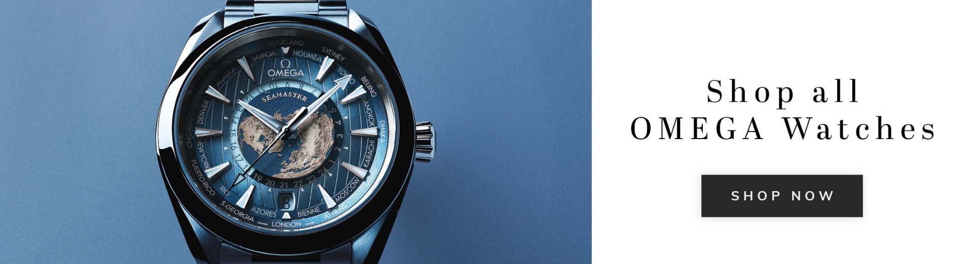 A close up of an OMEGA seamaster Summer Blue dial watch with text shop all OMEGA watches shop now