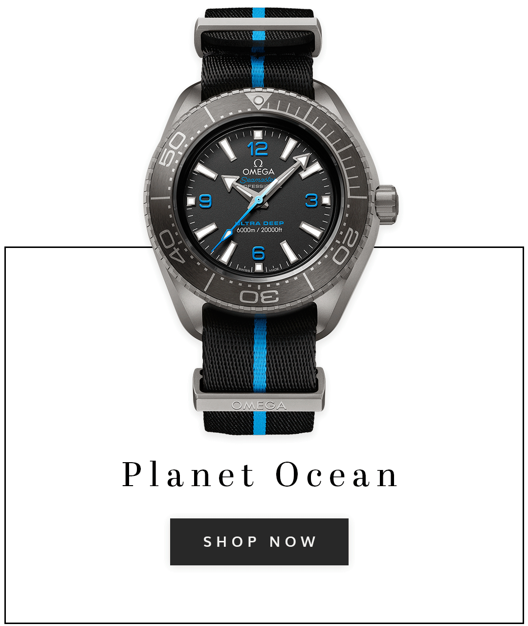 An OMEGA seamaster planet ocean watch with text shop now