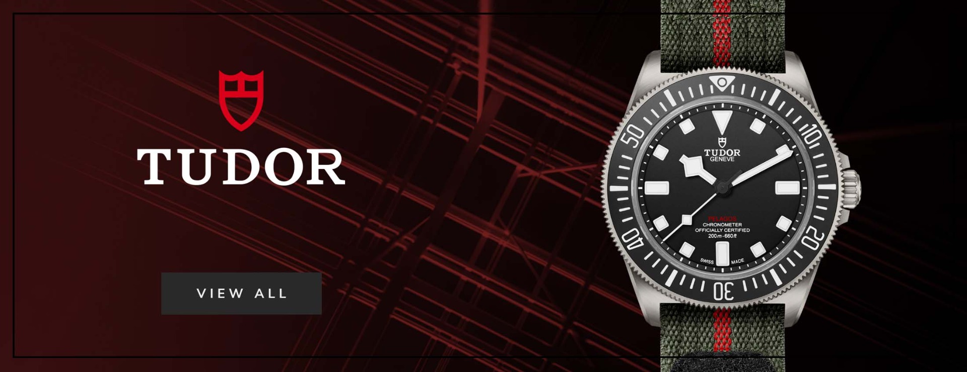 TUDOR watch with red and black background and the text Tudor Shop Now