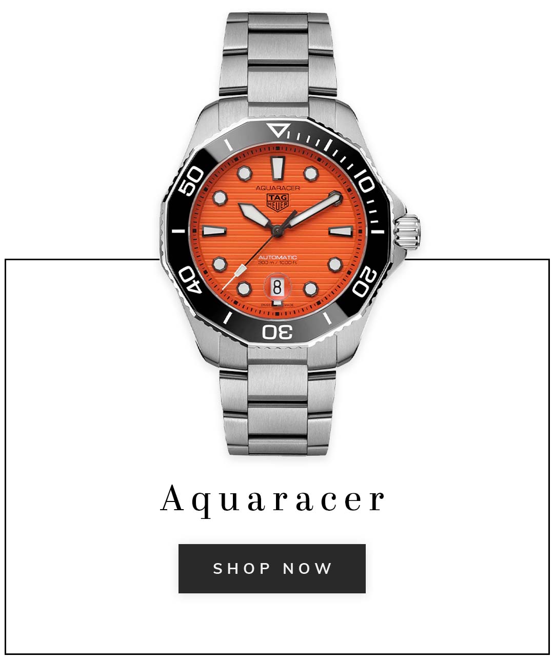 A TAG Heuer aqauracer watch with a orange dial and caption aquaracer shop now