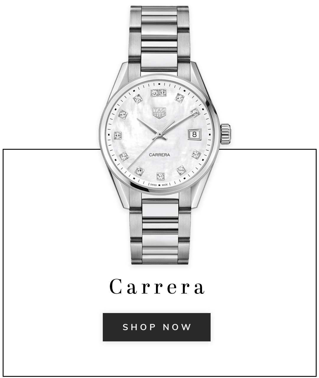 A TAG Heuer carrera watch with a silver dial and caption carrera shop now