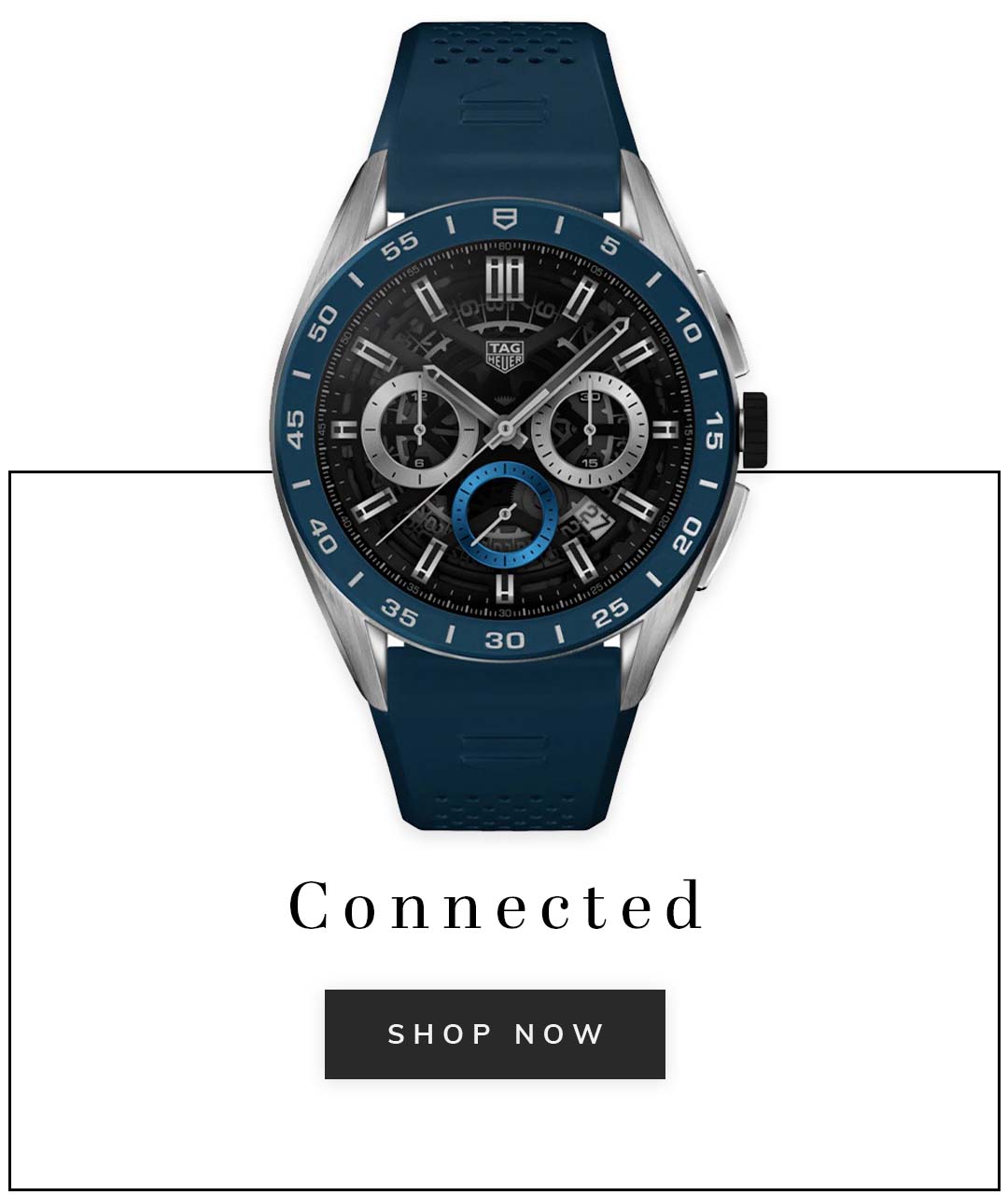 A TAG Heuer connected watch with a blue strap and caption connected shop now