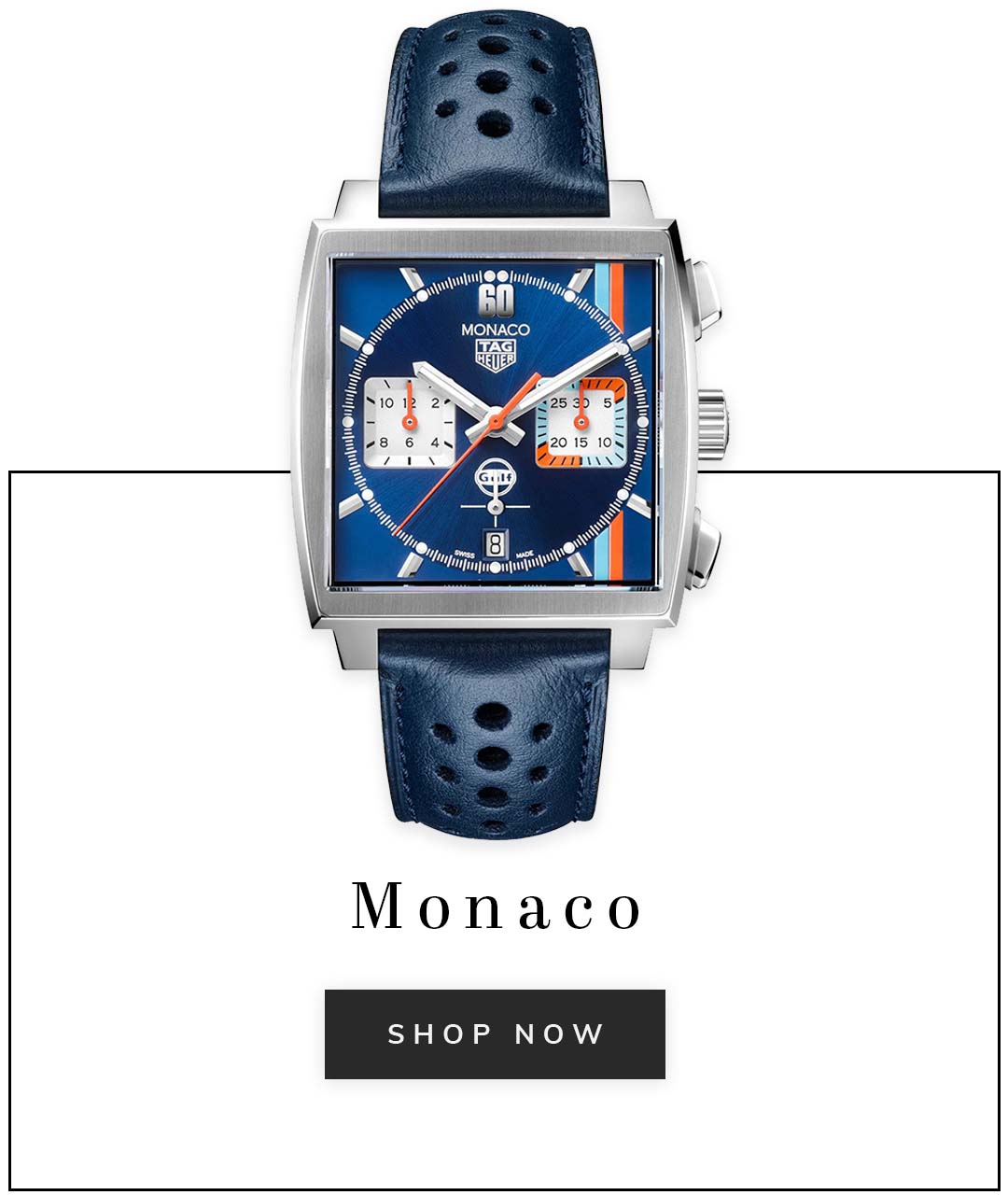 A TAG Heuer monaco 1 watch with a blue dial and caption monaco shop now