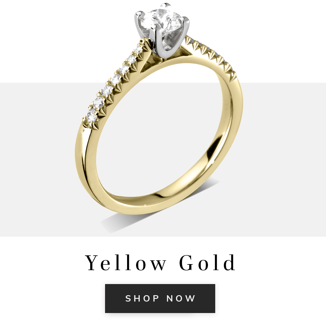 Yellow gold engagement ring on white background with text Yellow Gold Shop Now